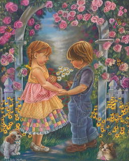 Young boy giving flowers to girl under rose arch in garden with animals