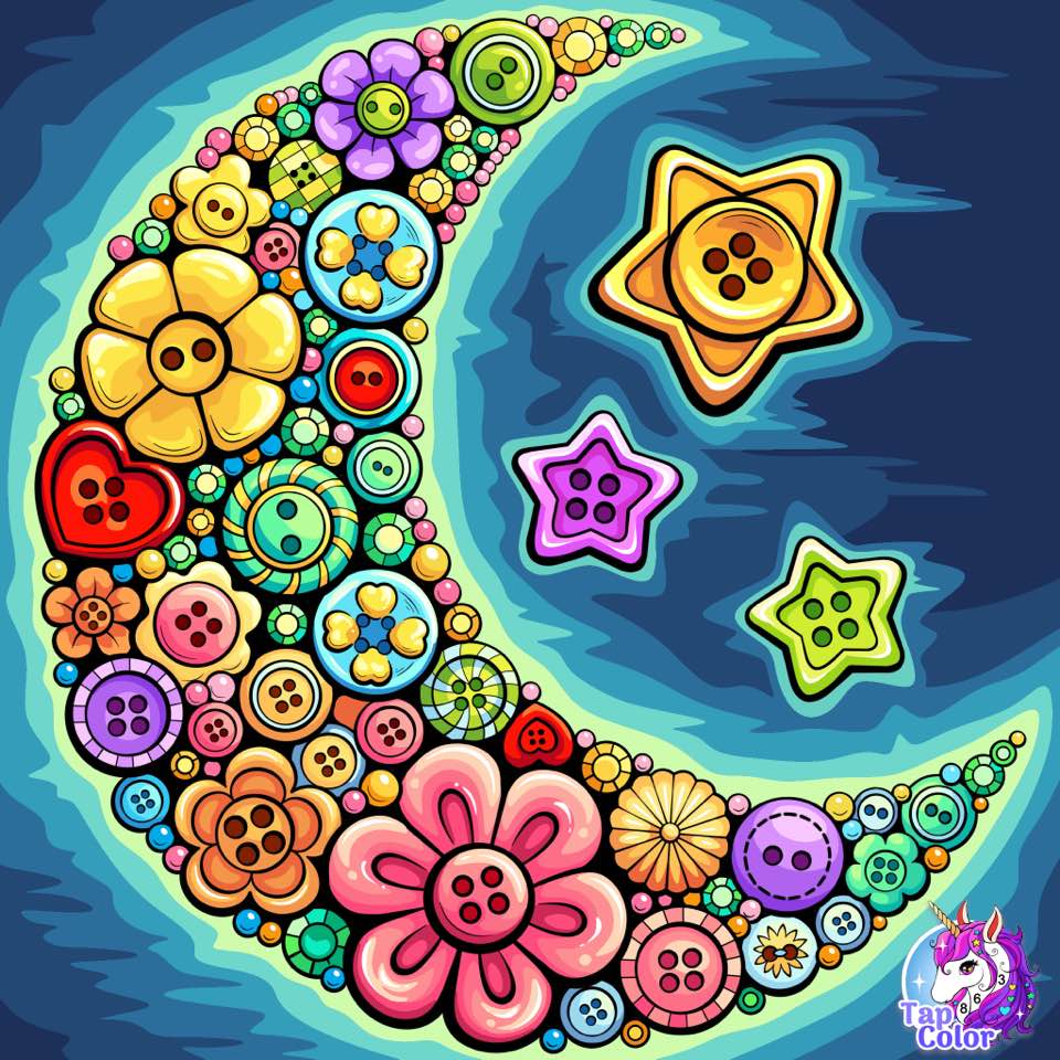 Vibrant crescent moon decorated with buttons and flowers beside three cheerful stars on swirling blue background