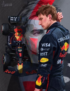 Stylized portrait of Max Verstappen standing beside a Red Bull Formula 1 race car