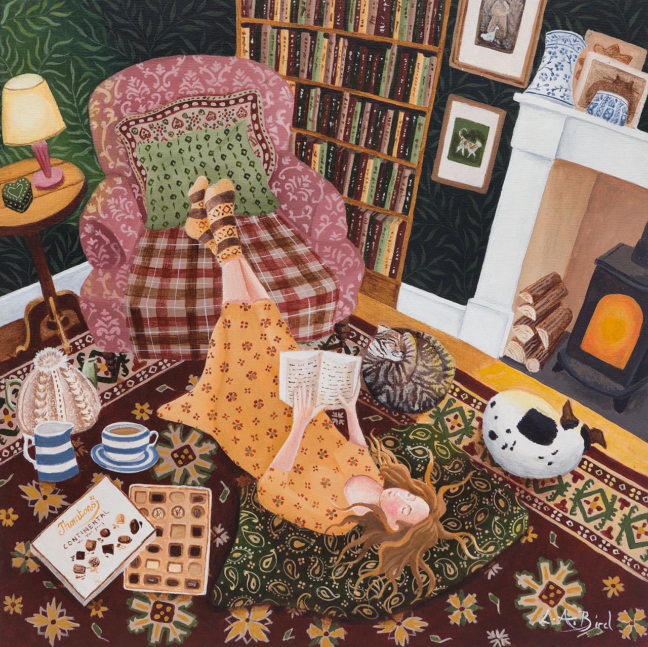 Illustration of person reading in pink armchair in cozy library with bookshelves and fireplace
