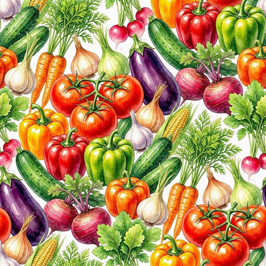 Illustrated repeating pattern of assorted vegetables on a white background