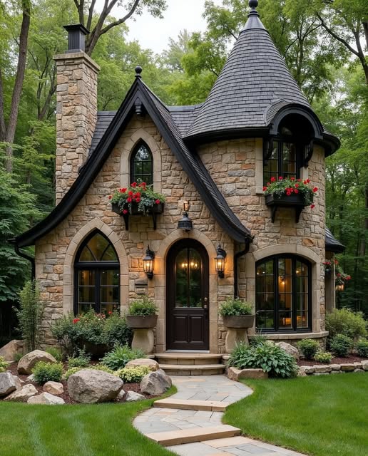 Stone cottage with turret, arched windows, flower boxes, and garden path surrounded by trees