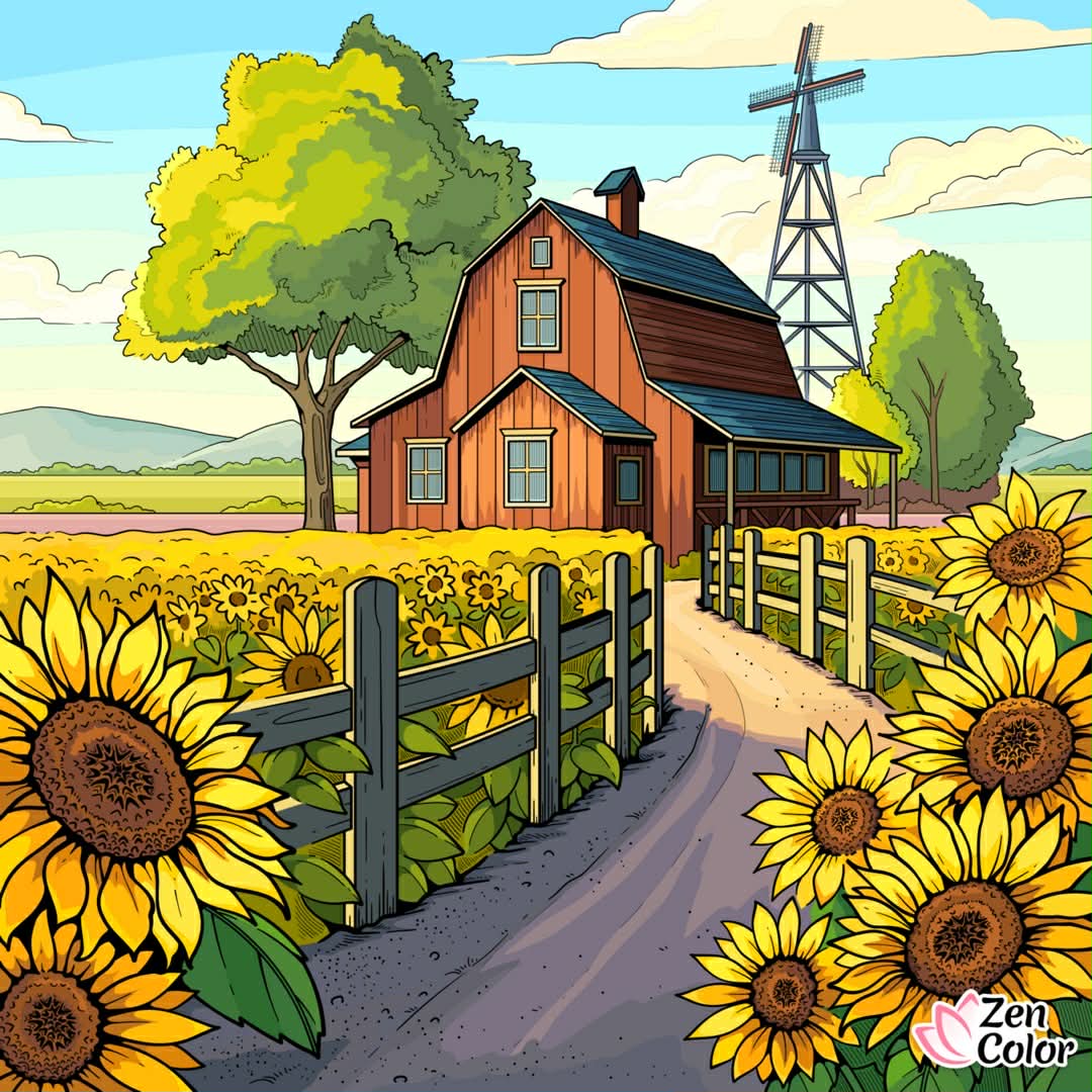 Red Barn in Sunflower Field