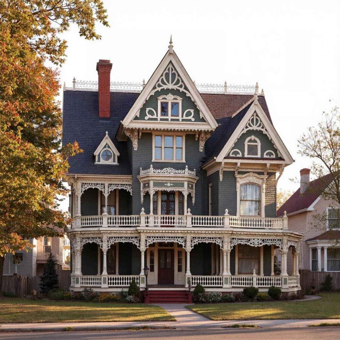 Two-story Victorian mansion with ornate gables and wraparound porches in autumn setting