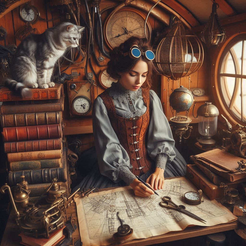 Steampunk-style young woman at a desk with maps, books, clocks, and a gray cat in a workshop