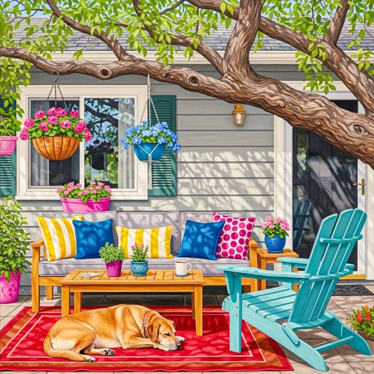 Golden dog lying on red rug in colorful patio with yellow and teal chairs, hanging flower baskets, and tree shade