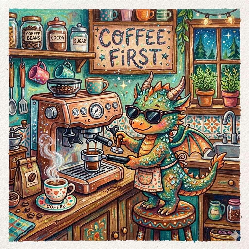 Cute dragon in sunglasses making coffee with an espresso machine in a colorful kitchen