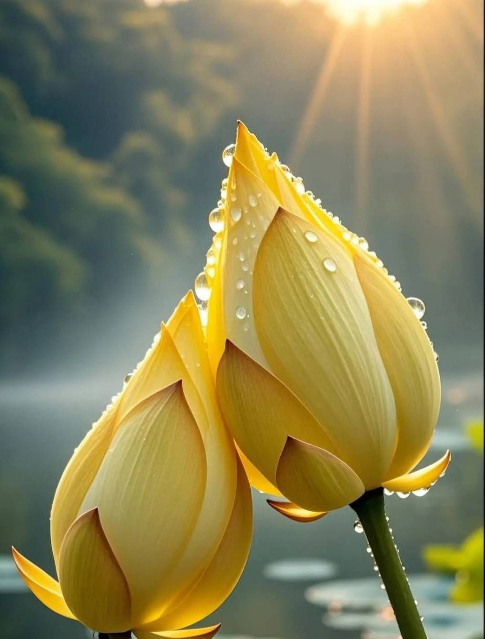 Two yellow lotus buds with dew drops glowing in warm sunlight