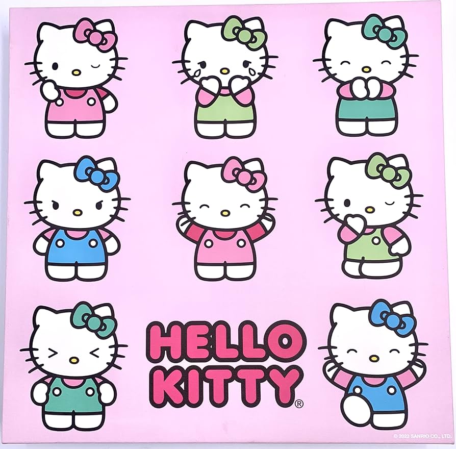 Hello Kitty characters in nine poses on a pink background with Hello Kitty text