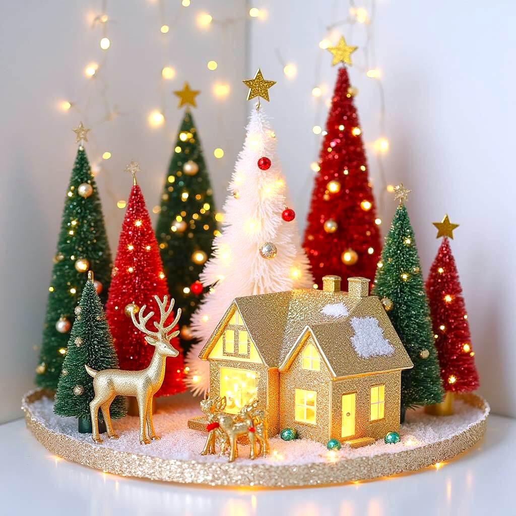 Miniature Christmas village scene with lit houses, decorated trees, reindeer, and fairy lights on snow-covered display
