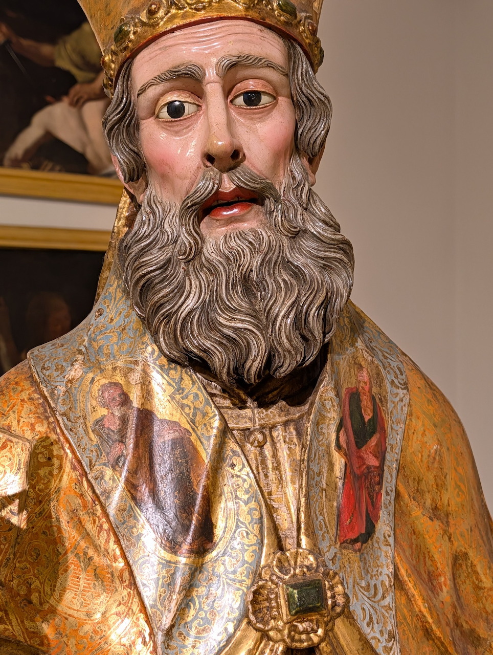 Polychrome wooden statue of Saint Martin Bishop with golden robes and mitre, Diocesan Museum Salerno