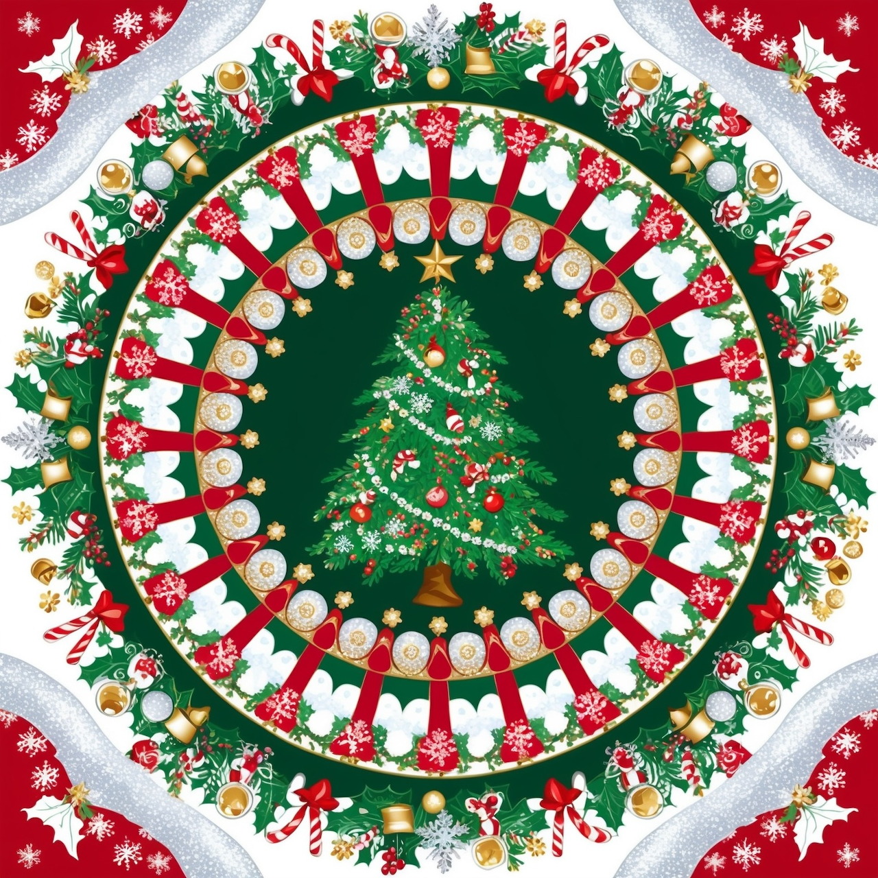 Symmetrical Christmas mandala with tree center, snowman rings, and festive decorations in red, green, white, and gold