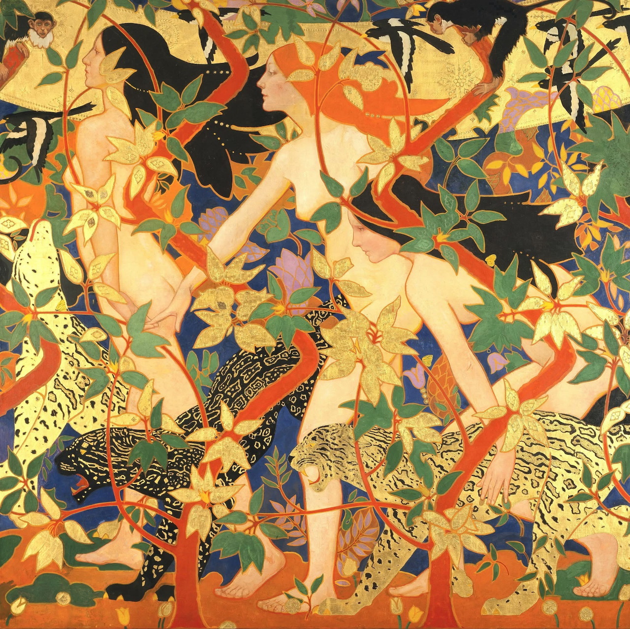 Colorful painting with stylized human figures, birds, and leopards surrounded by decorative foliage in warm tones