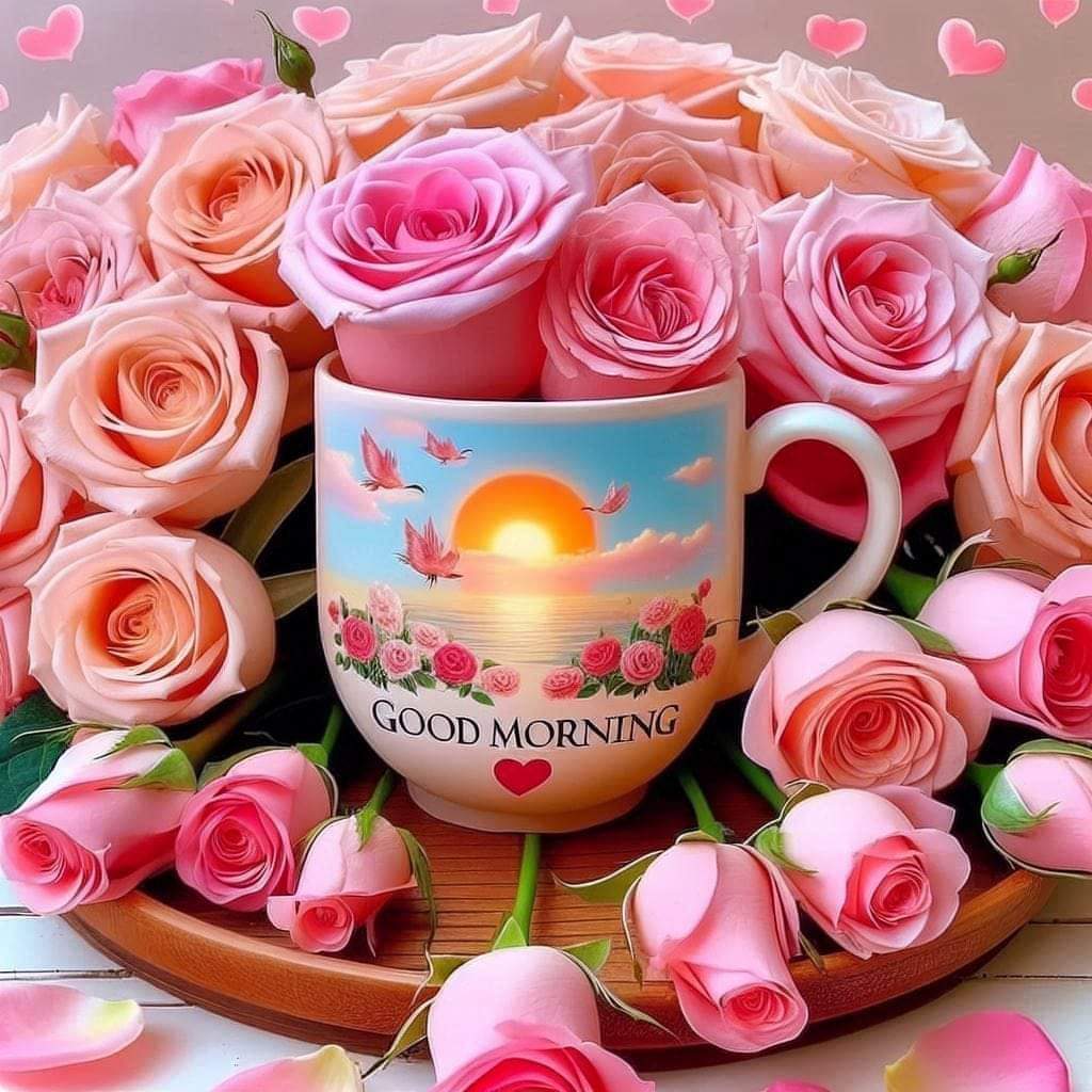 Ceramic mug with sunrise and butterflies surrounded by pink roses on wooden tray