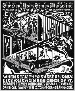 Surreal black and white woodcut-style cover of The New York Times Magazine, July 12, 2020, Decameron Project issue.