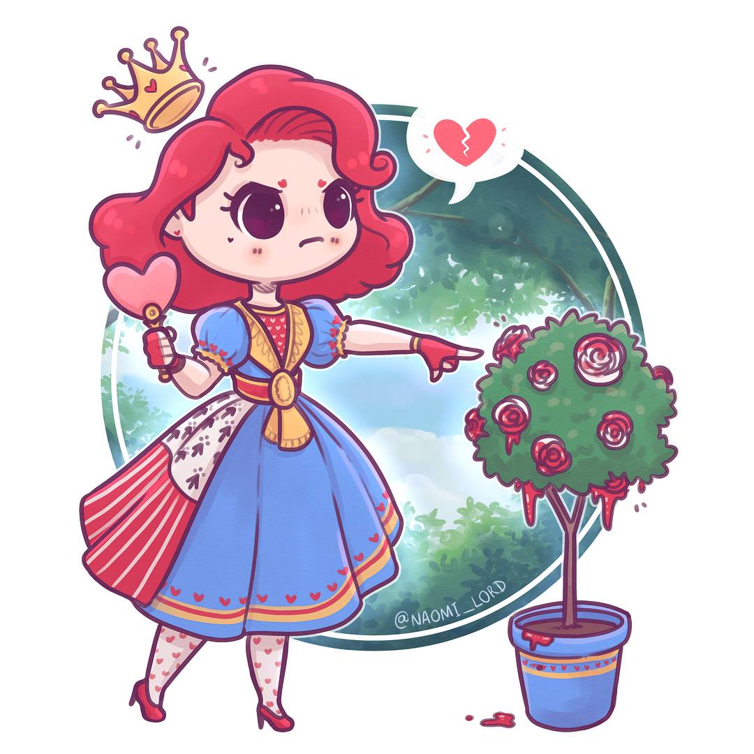 Cute cartoon princess with red hair and crown pointing at a potted rose bush