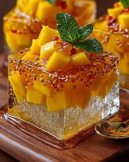 Square layered dessert with chia seeds, mango cubes, and mint leaf on wooden serving board