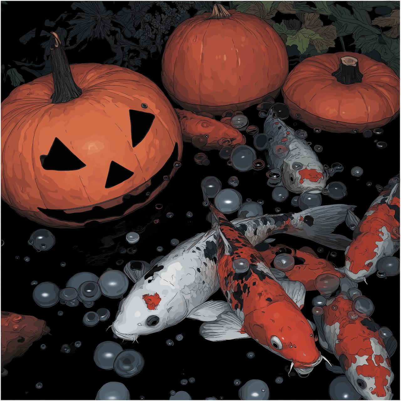 Orange, white, and black koi swimming in a dark pond beside Halloween pumpkins