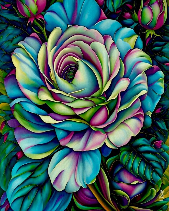 Close-up illustration of a multicolored rose with teal, purple, pink, and cream petals