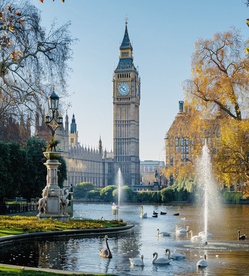 Big Ben and Parliament with fountain, swans on lake, autumn trees framing view