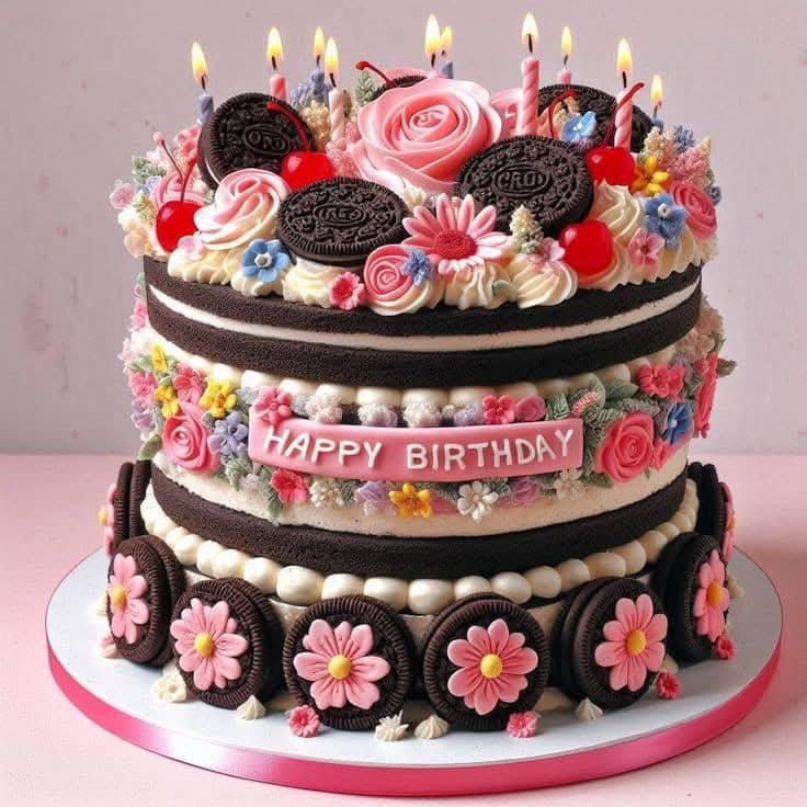 Three-tier chocolate birthday cake with colorful decorations, flowers, cookies, meringues, strawberries, and lit candles