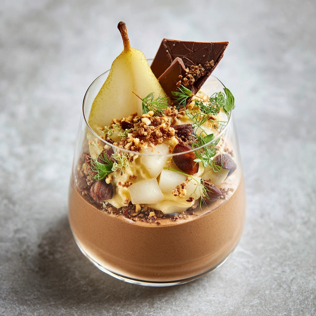 Layered dessert in glass with pear, chocolate mousse, crumble and chocolate shard