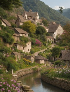 Stone village houses on a hillside with a canal and pink flowers below