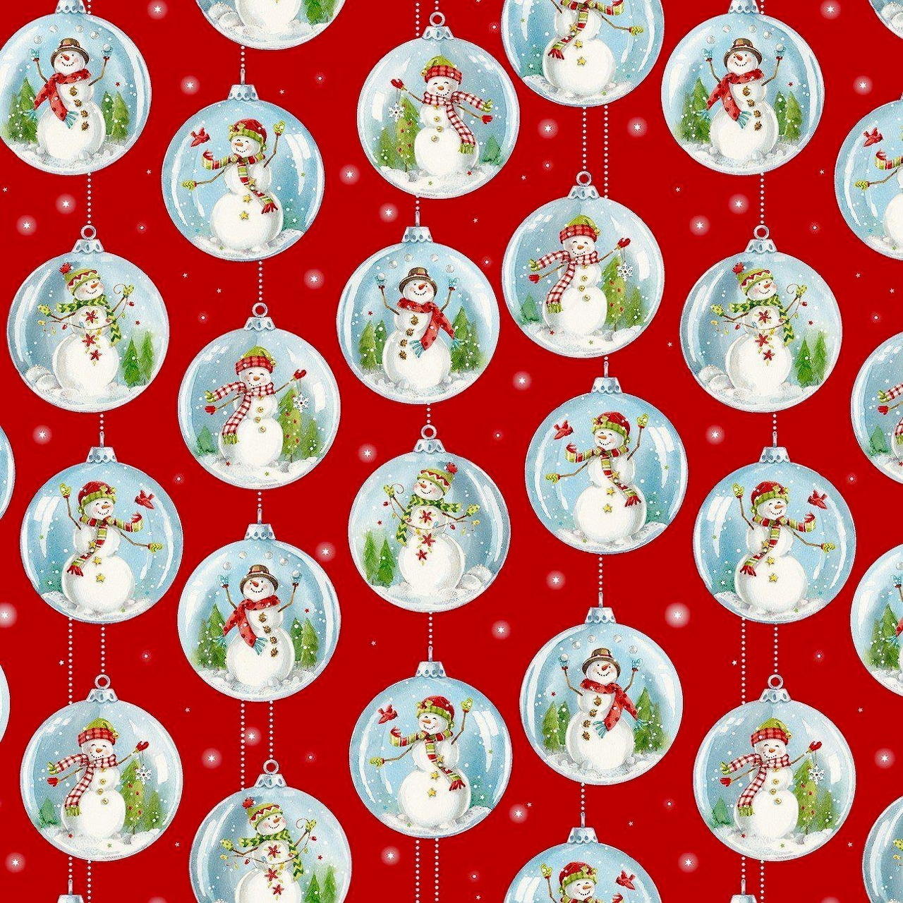 Repeating pattern of circular snowman ornaments hanging against a red snowy background