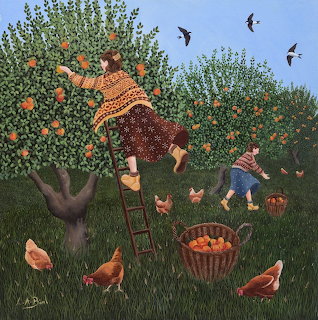 Whimsical painting of a woman on a ladder picking apples in an orchard with chickens below