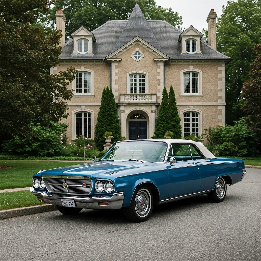 Blue 1963 Chrysler 300 convertible with white top parked before a stone mansion with green landscaping