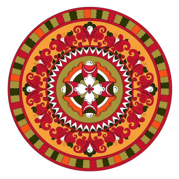 Colorful mandala with concentric circles featuring red, orange, yellow, and green geometric patterns
