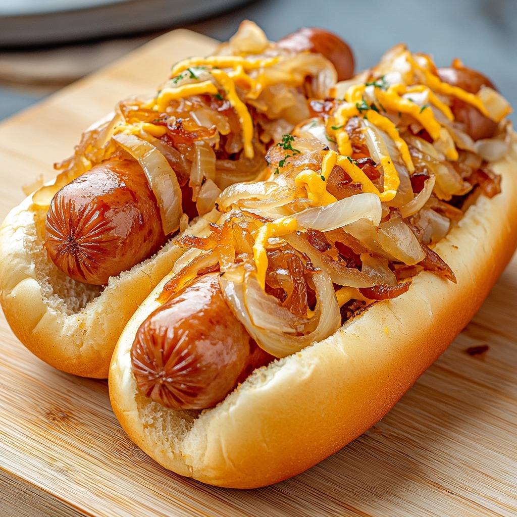 Two hot dogs in soft buns with caramelized onions, mustard drizzle, and herb garnish on wooden surface