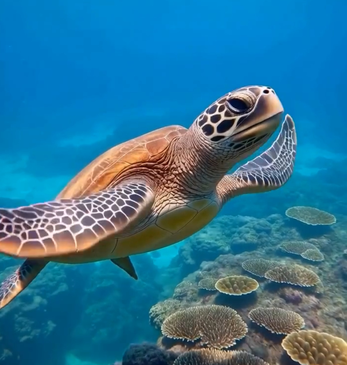 Sea turtle swimming above coral reef in bright blue water
