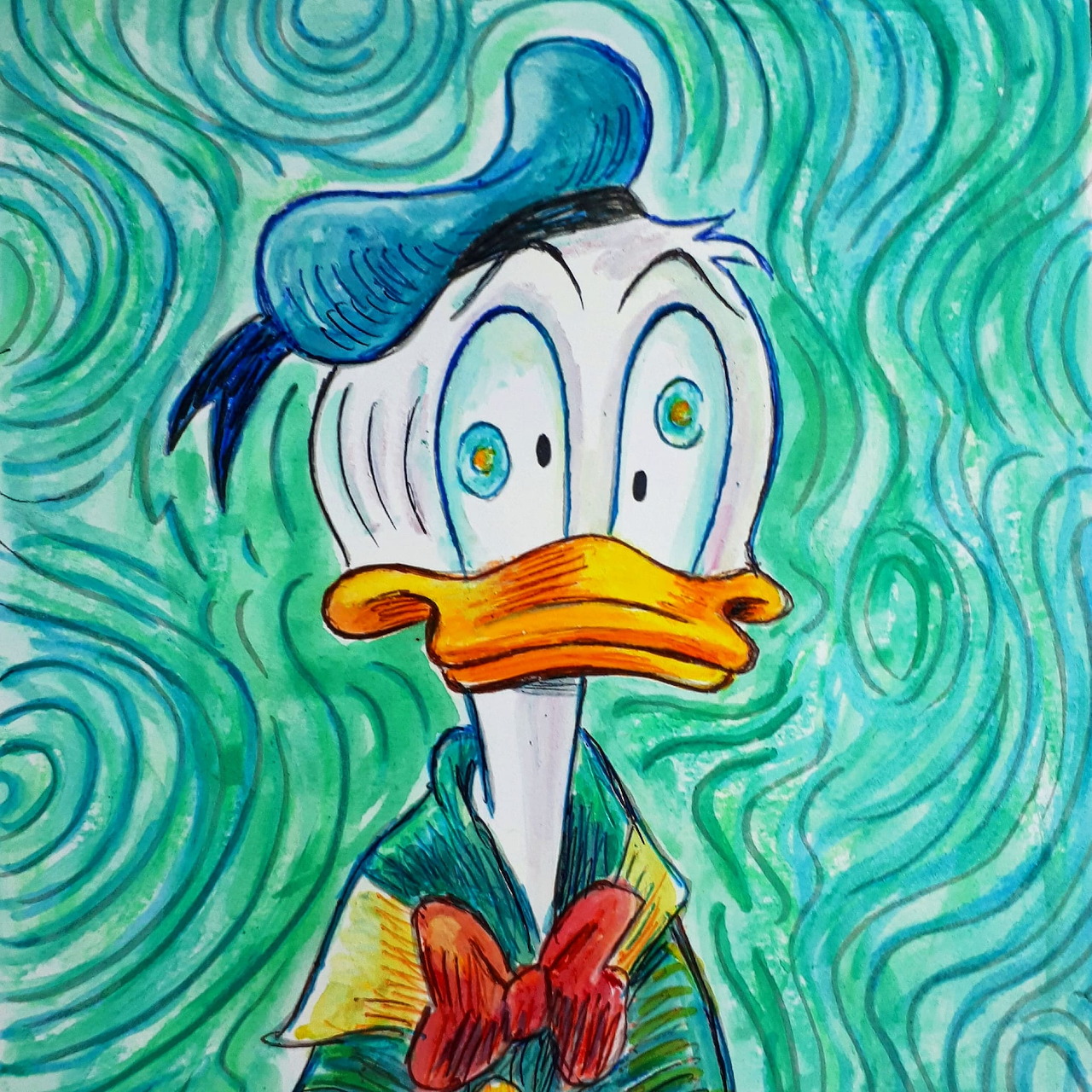 Donald Duck illustration with a red bow tie and swirling green blue background