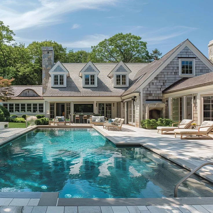 Large house with an outdoor swimming pool and patio lounge chairs