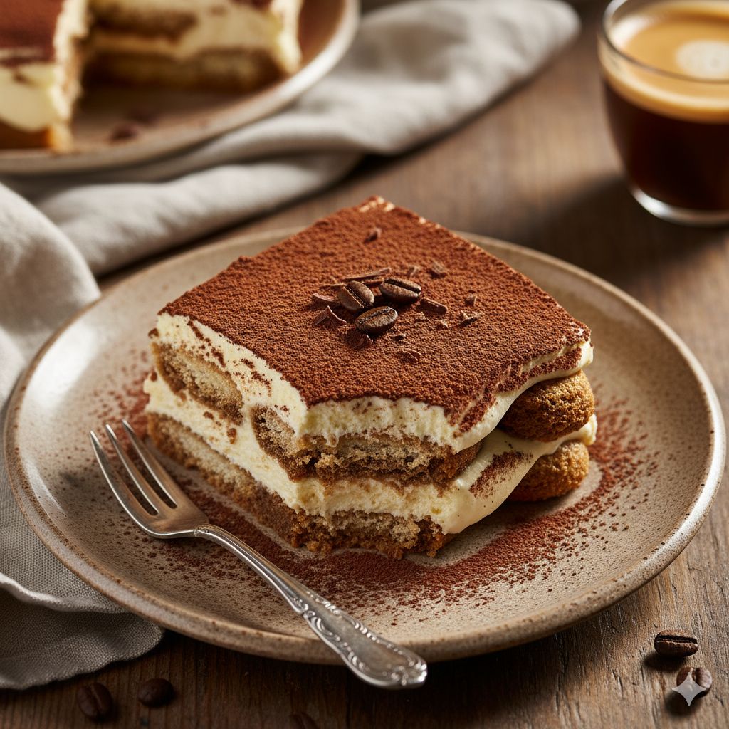 Slice of tiramisu dusted with cocoa powder on a plate with a fork and espresso in the background
