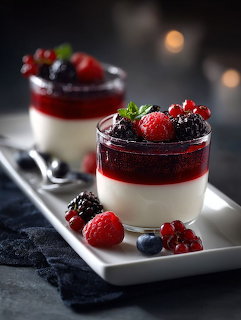Two panna cotta desserts in glasses with berry sauce, raspberries, blackberries, blueberries, and red currants