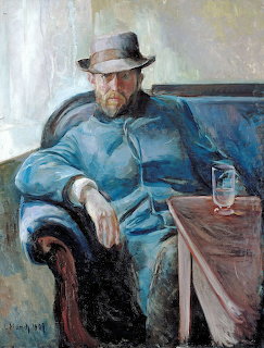Oil painting portrait of bearded man in blue coat and hat seated in armchair with glass on side table