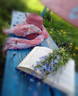 Pink hat, scarf, open book, and blue wildflower bouquet on a rustic blue painted bench outdoors