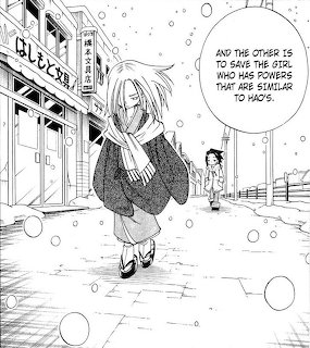 Manga panel of a girl in kimono and scarf walking on a snowy street with buildings behind her