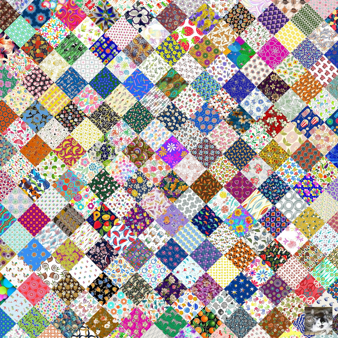Dense colorful patchwork quilt with diamond-shaped fabric patches in various patterns and colors