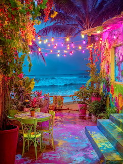 Colorful seaside patio with table, plants, string lights, palm trees, and ocean view at dusk