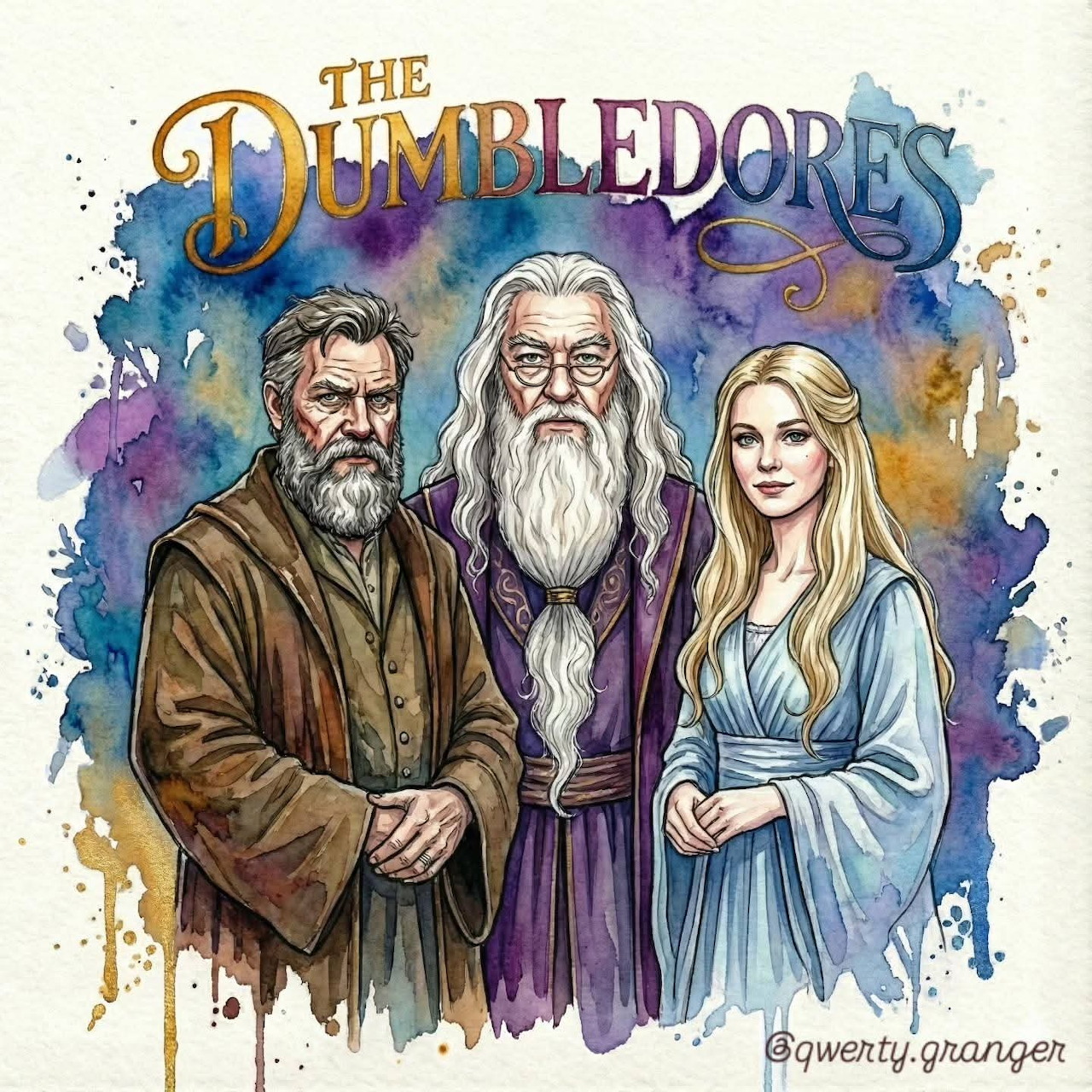 Watercolor portrait of three fantasy wizards with beards and robes against colorful background with ornate title text
