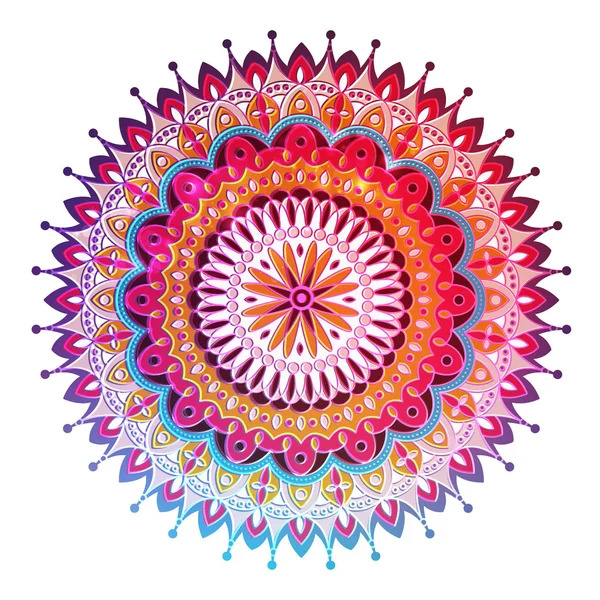 Colorful symmetrical mandala with layered geometric patterns in warm and cool tones on white background
