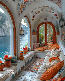 Mediterranean coastal alcove with arched mosaic ceiling, orange cushions, and sea view through archways