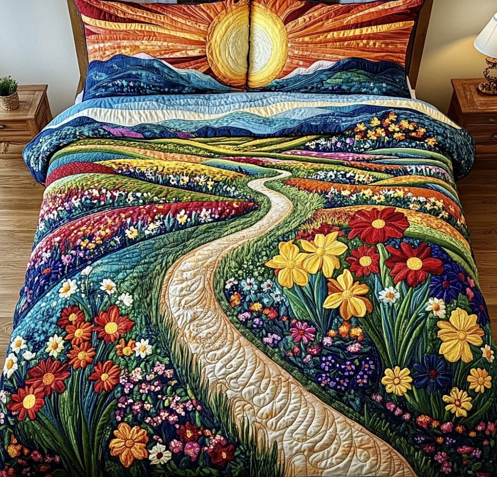 Quilted bed cover with colorful garden path, flowers, and sunset sky pillow design