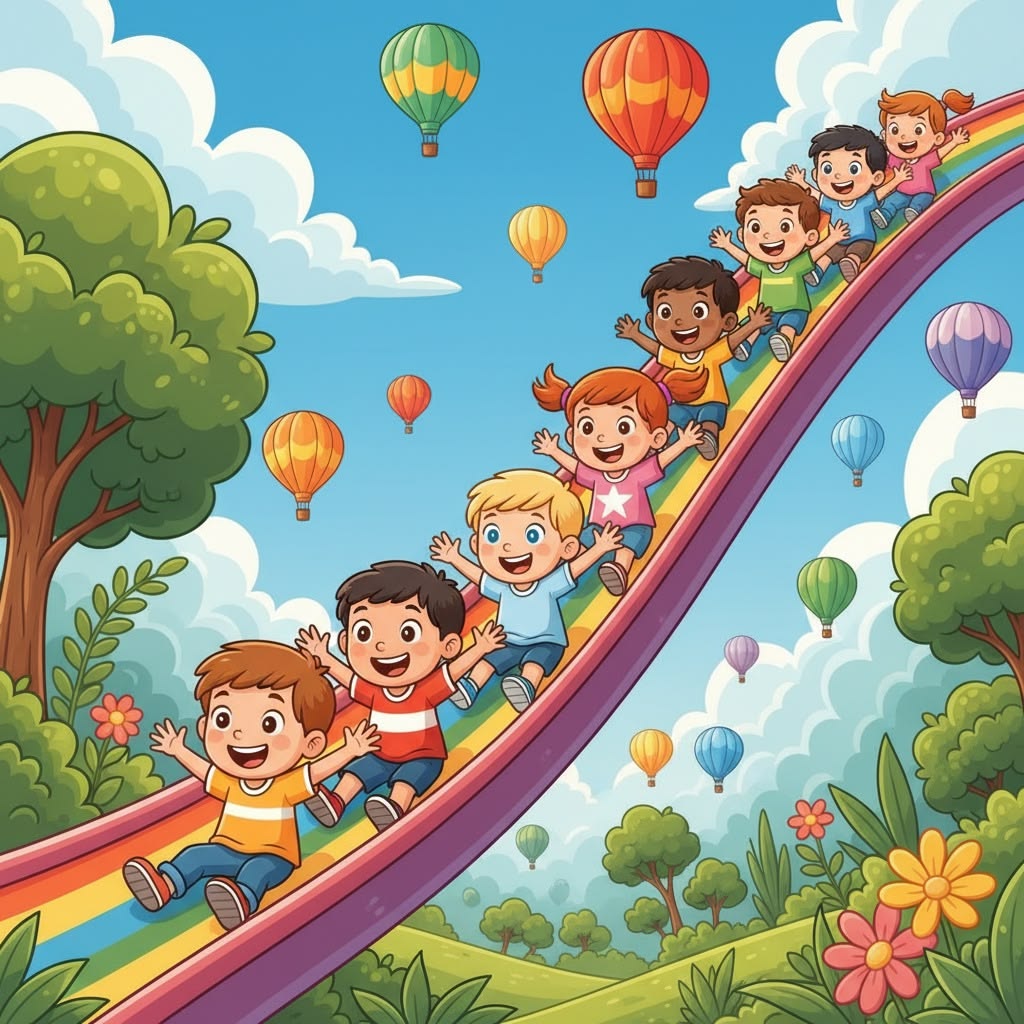 Hot Air Balloons and Kids on Rainbow Slide