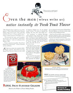 Vintage magazine ad for Royal Fruit Flavored Gelatin with dessert photos and promotional copy