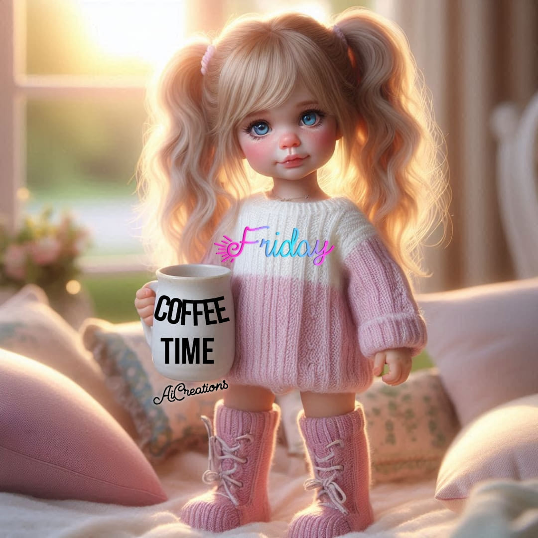 Cute blonde doll in pink sweater and boots holding a coffee time mug on a sofa