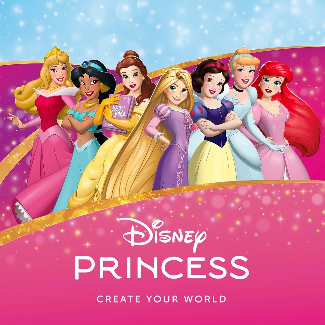 Group of eight Disney princess characters in their signature gowns against a pink and blue sparkly background